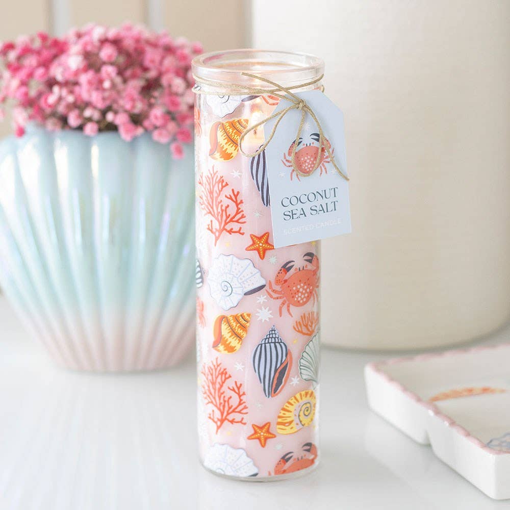 Pastel Seashell Print Coastal Pillar Candle & Coconut and Sea Salt