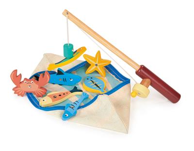 Mentari Bambino: JEU DE PÊCHE 27,5x9x5,5cm, avec canne à pêche en bois et 7 créatures marines magnétiques, dans une trousse zippée avec intérieur en vagues bleues, en bois, en boîte, 3+