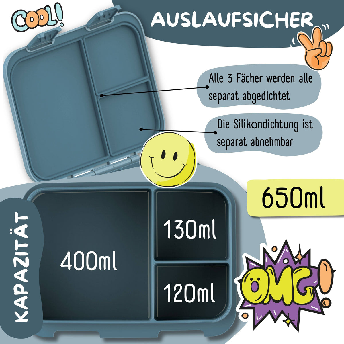 Brotdose mit Fächern, leicht & auslaufsicher - Bär blau