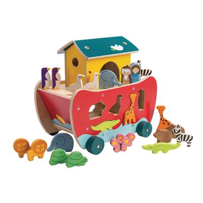 Tender Leaf Animaux: BATEAU à RANGER 'ARCHE DE NOÉ' 27,5x19,5x25cm, avec arche, 2 poupées en 20 animaux, en bois, en boîte 19,6x15,8x28,5cm, 3+
