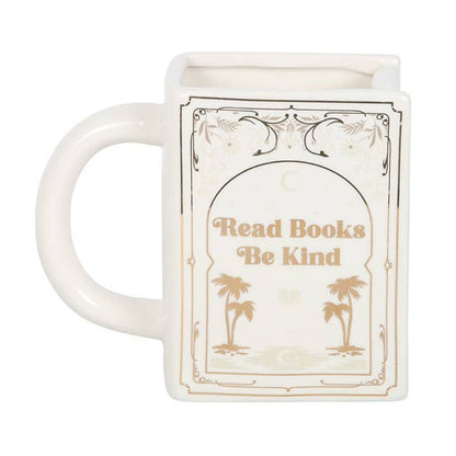 Read books, be kind. White book-shaped mug
