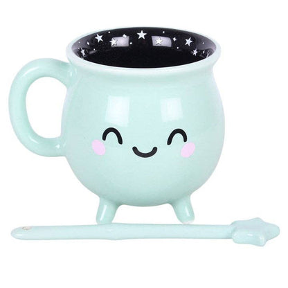 Tasse d'Halloween en forme de chaudron kawaii vert menthe avec touillette en forme de baguette