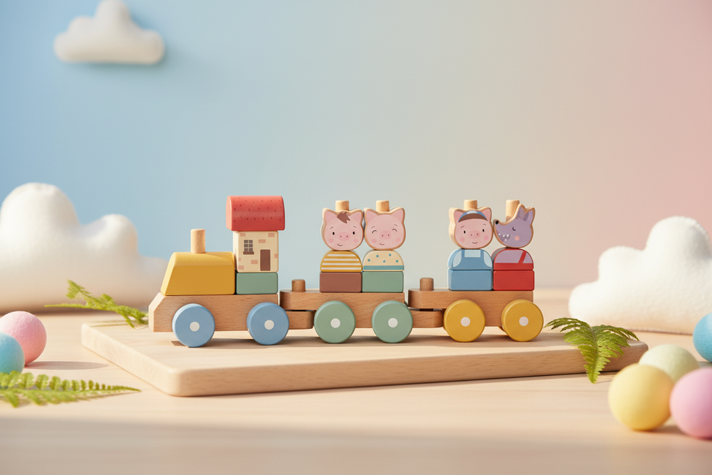 三匹の子豚 木製積み木トレイン