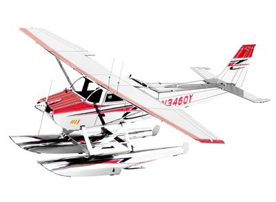 MetalEarth Aviation: CESSNA 182 HYDRAVION 11.6x14.2x4.5cm, maquette 3D en métal avec 2 feuilles, sur carte 12x17cm, 14+