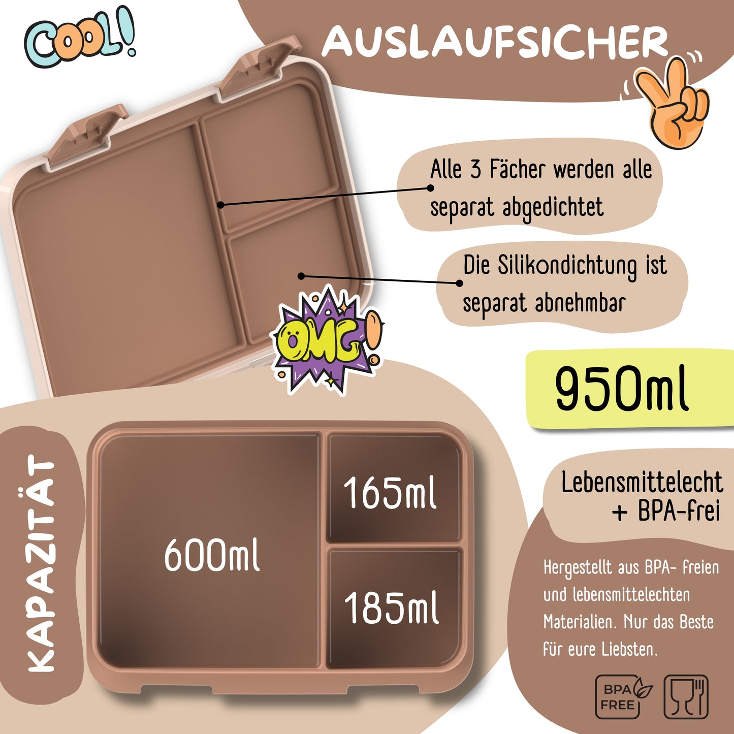 Brotdose mit Fächern, leicht & auslaufsicher -Sandwich braun