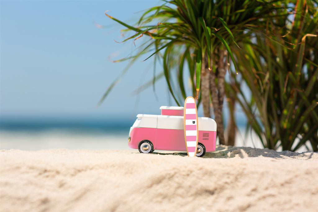 Carrinho de madeira Candycar World - Carrinha de praia rosa