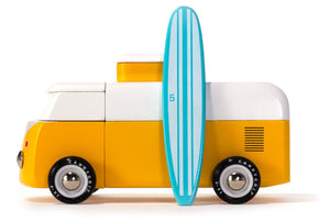 Carrinho de madeira Candycar World - Carrinha de praia amarela