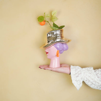 Vase à fleurs - Vase chapeau de cowboy - Or - 19x16x23,5 cm