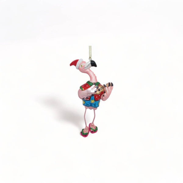 Adorno navideño de flamenco rosa con guitarra