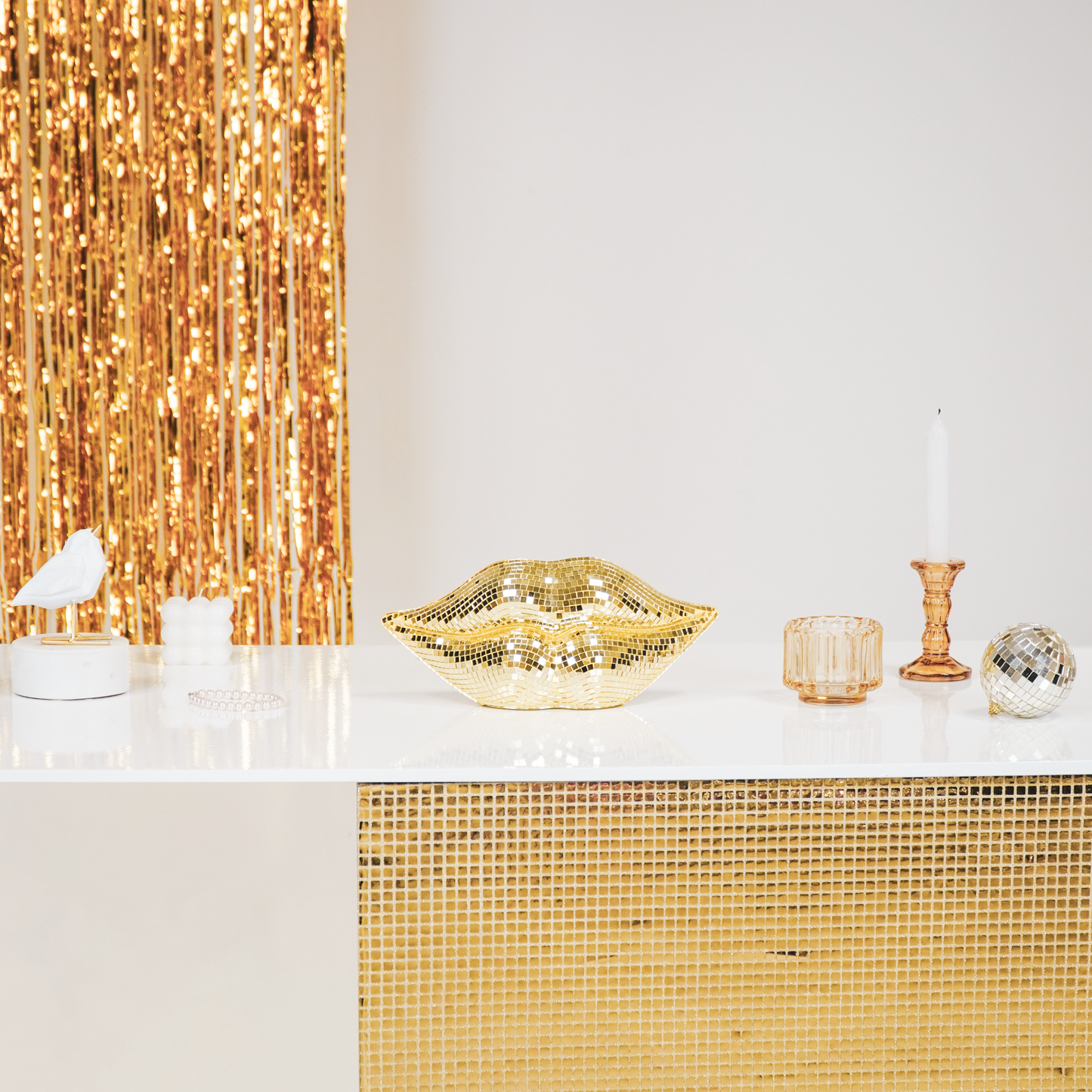 Adorno - Disco - Labios - Vidrio - Dorado - 29x10x13,5 cm