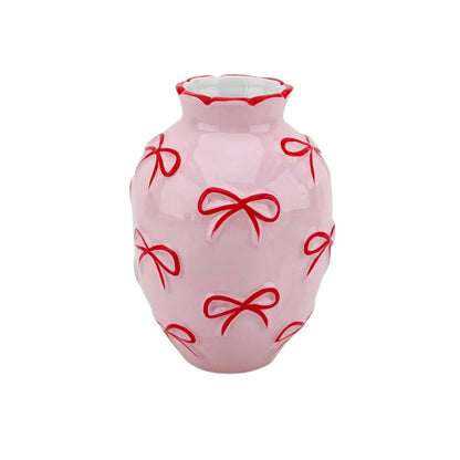 Vaso - Vaso per fiori con nastri - Rosa chiaro/Rosso - 13,5x13,5x19cm