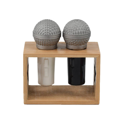Conjunto de saleiro e pimenteiro em micro cerâmica com suporte em madeira.