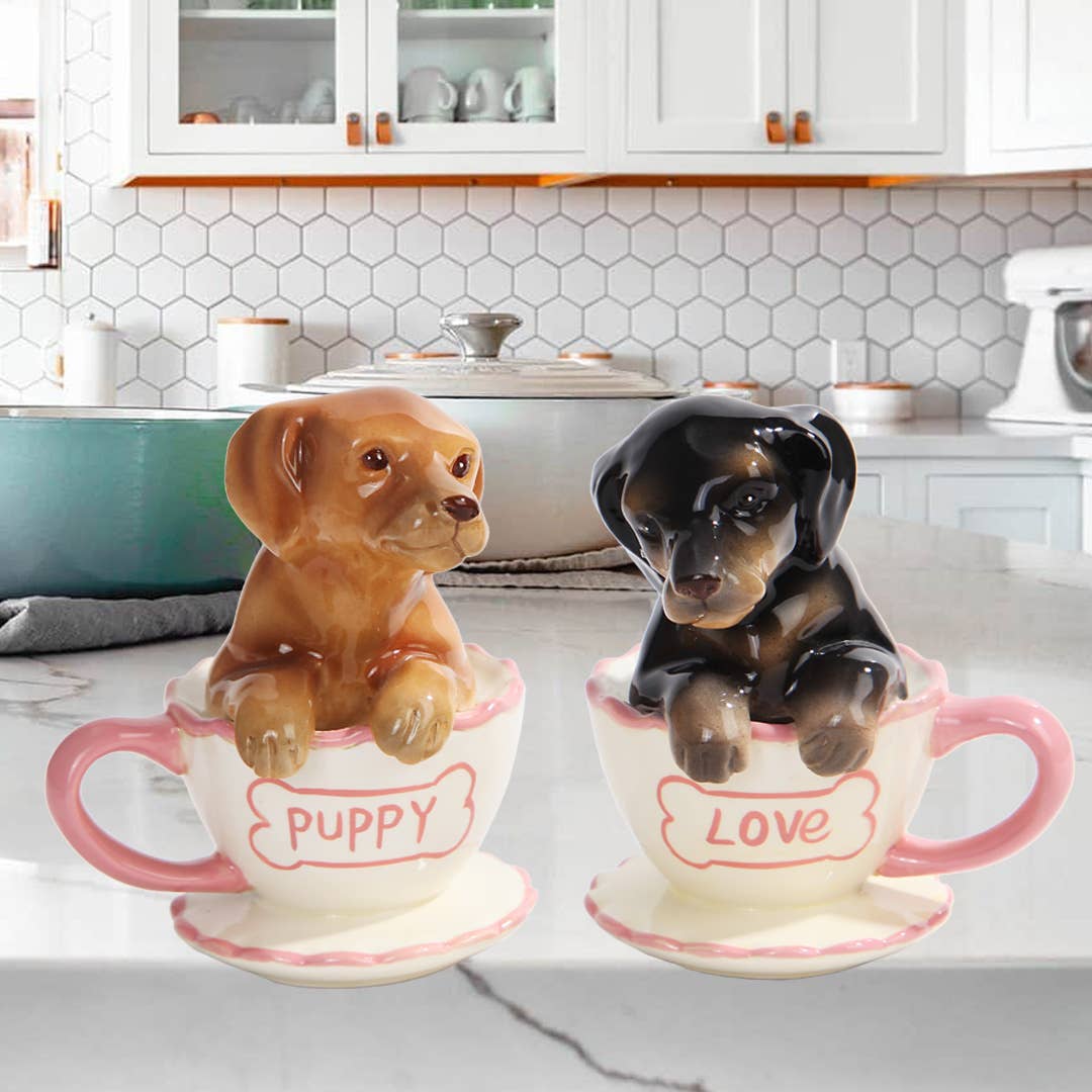 Juego de salero y pimentero con forma de perro salchicha, tazas de té