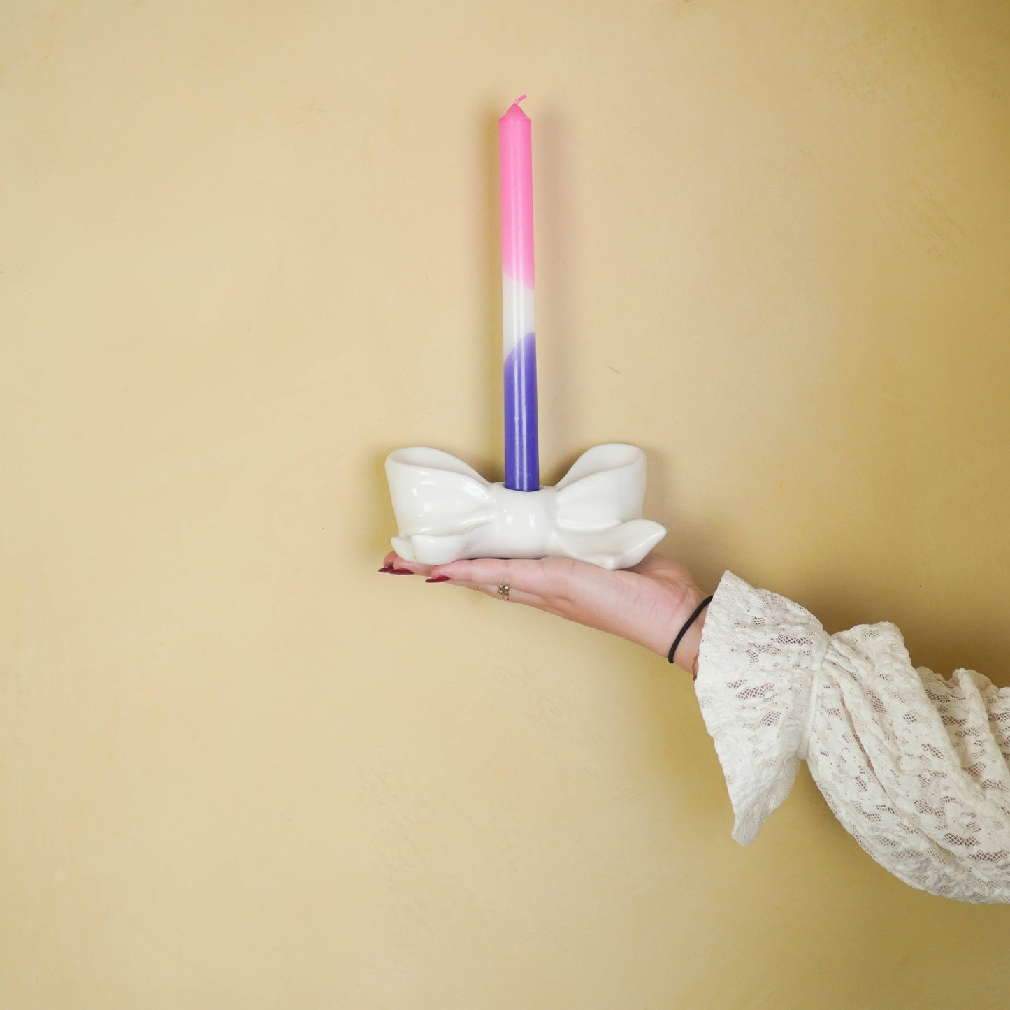 Bougeoir - Nœud - Céramique - Blanc - 18x9x7 cm