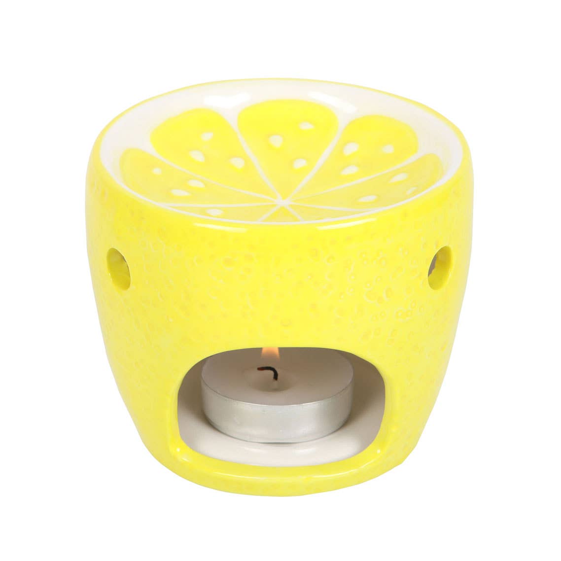 Lemon-colored oil burner with lid