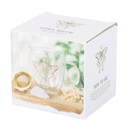 Double-walled glass mug with crystal tea infuser and moon butterfly design