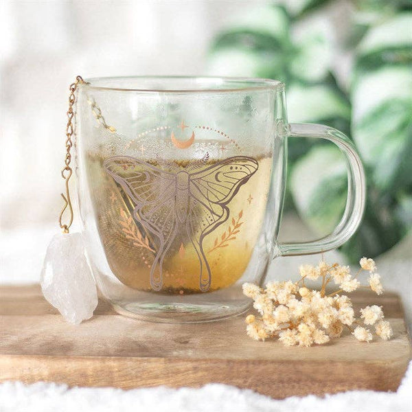 Taza de vidrio de doble pared con infusor de té de cristal y diseño de mariposa lunar.