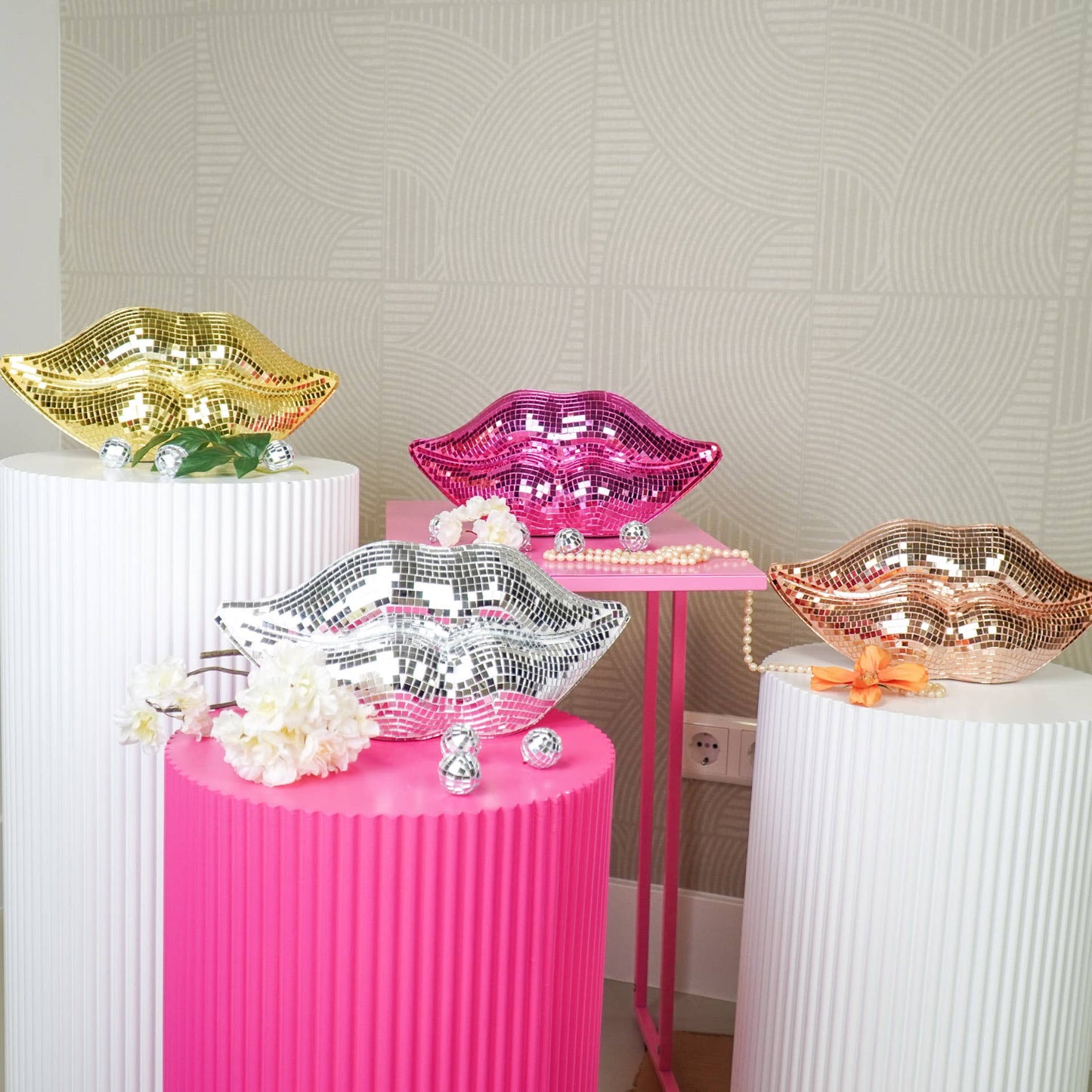 Adorno - Disco - Labios - Vidrio - Dorado - 29x10x13,5 cm