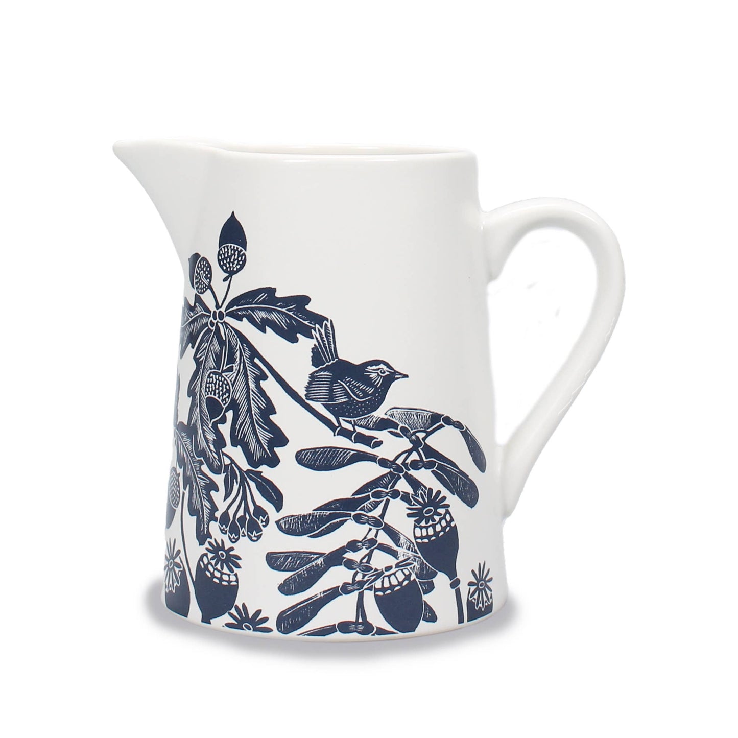 Brocca in ceramica blu bosco con ghiande e cardi