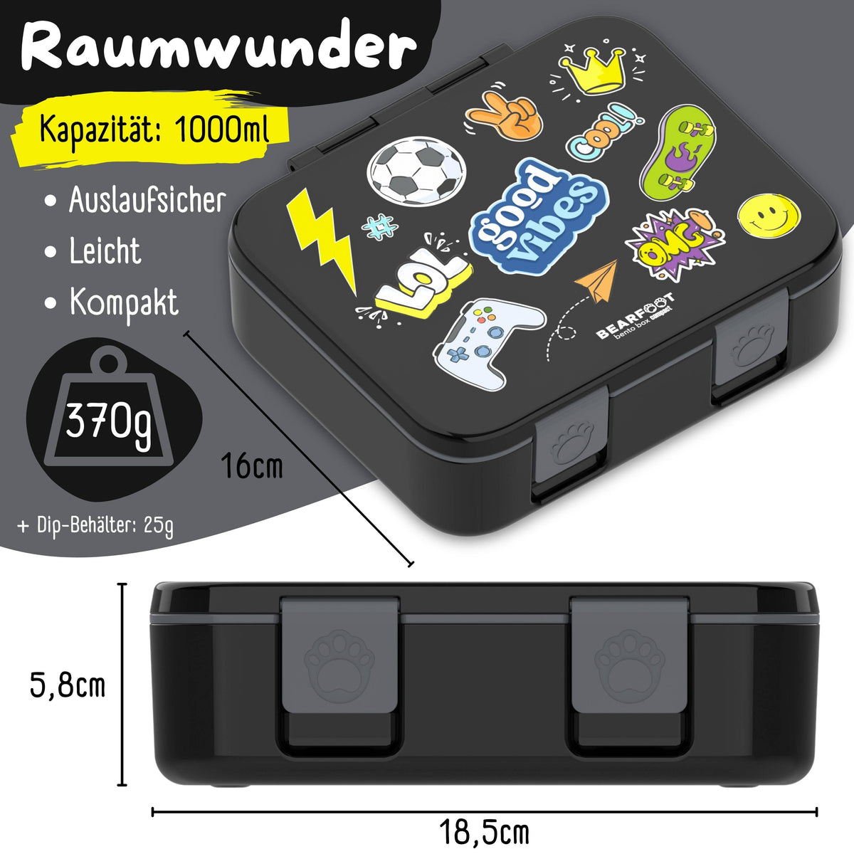 Brotdose mit Fächern, leicht & auslaufsicher - Sticker schwarz