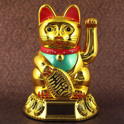 Chat chanceux solaire doré 18cm
