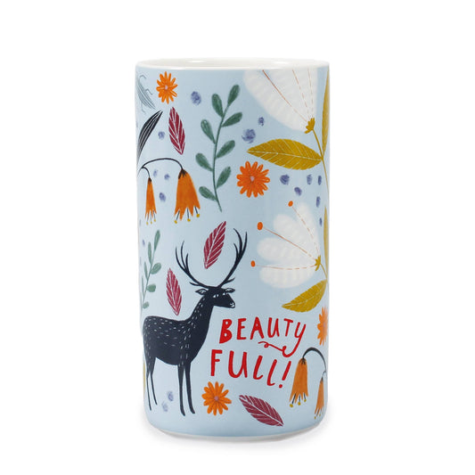 Vaso em cerâmica com estampado floral escandinavo e animais.