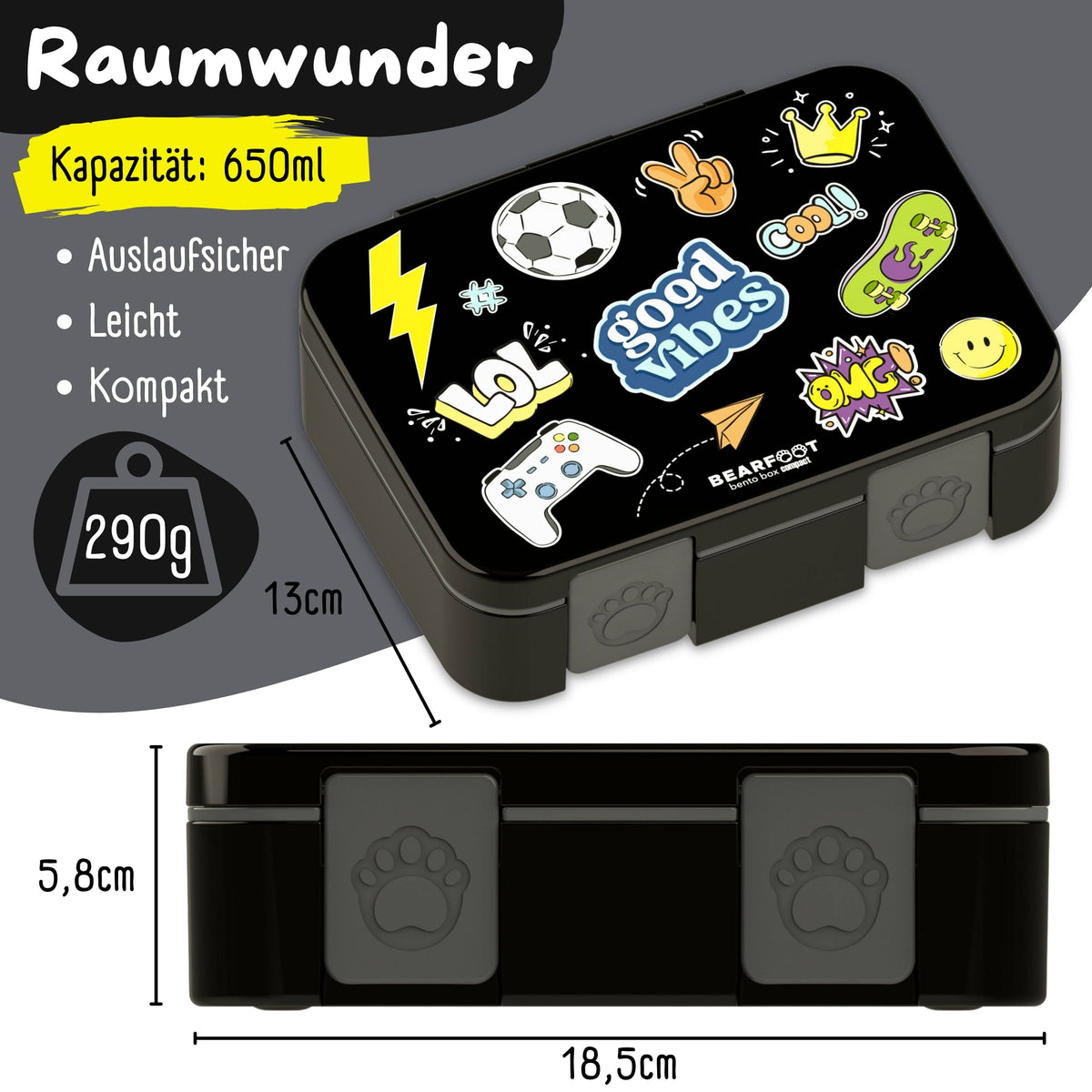 Brotdose mit Fächern, leicht & auslaufsicher - Sticker schwarz