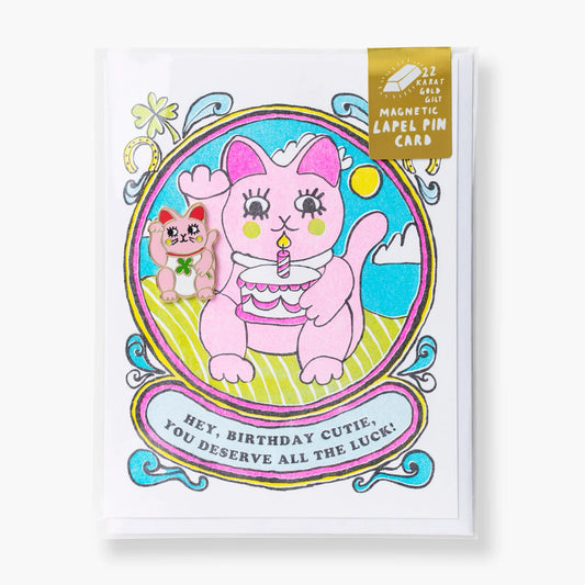 Lucky Cat Birthday Card with Pin