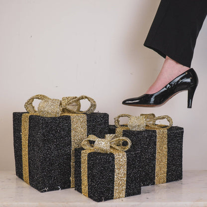 Cadeau de Noël LED - S3 - Polystyrène - Noir/Or - 15/20/25 cm
