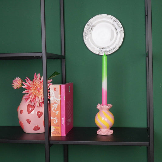 Bougeoir - Bonbon Toffee - Céramique - Rose/Jaune - 8,5x8,5x13 cm