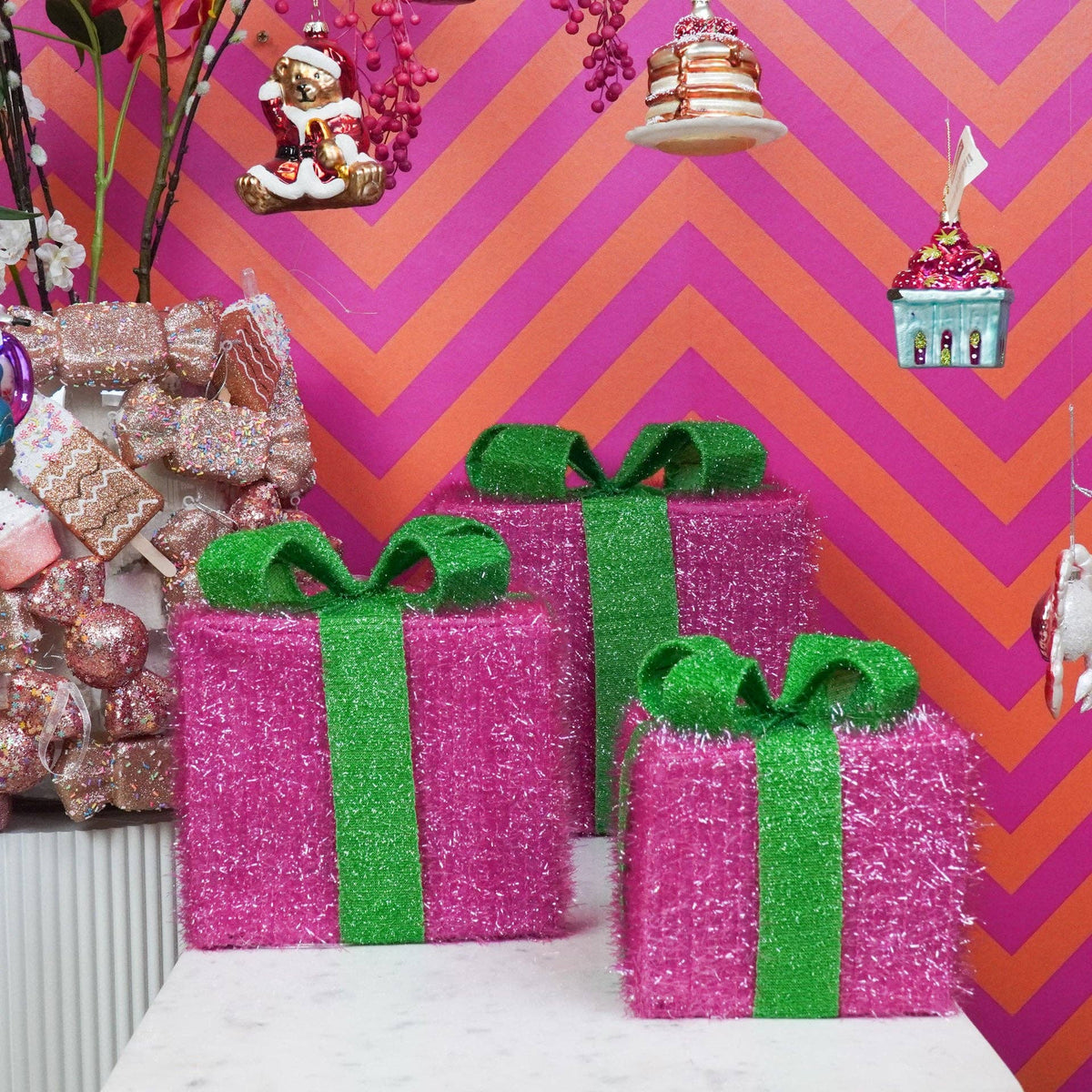 LED-kerstcadeau - S3 - Polystyreen - Roze/Groen - 15/20/25 cm