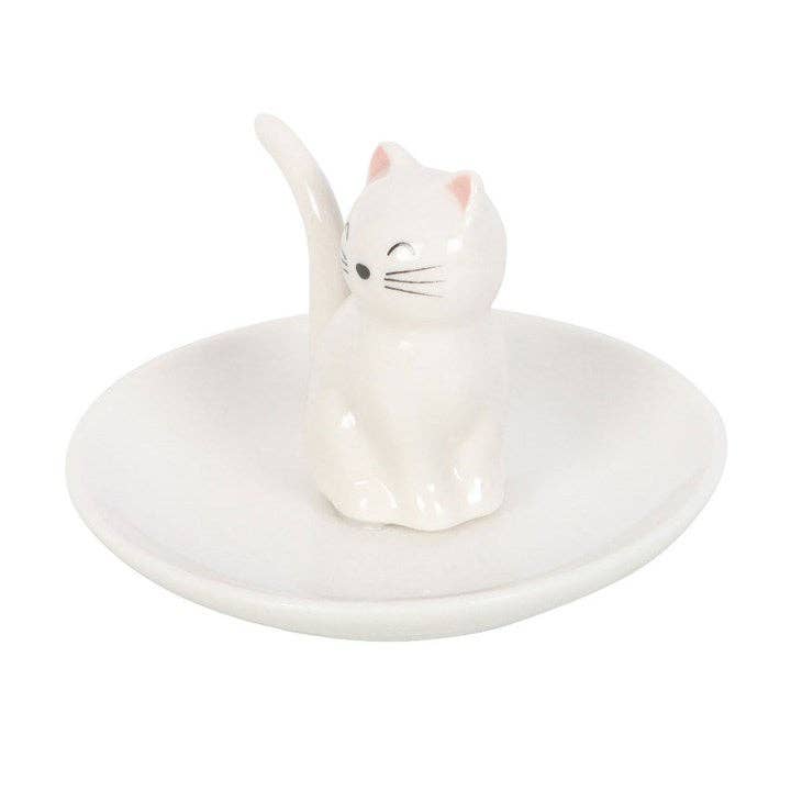 Plat à bibelots visage de chat blanc assis