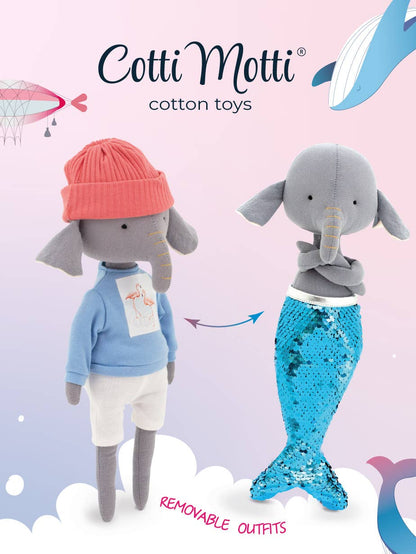 Alice the Elephant plush toy with blue t-shirt outfit and mermaid tail - 29 cm