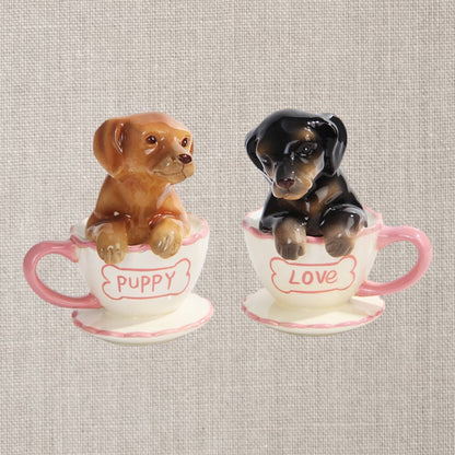 Juego de salero y pimentero con forma de perro salchicha, tazas de té
