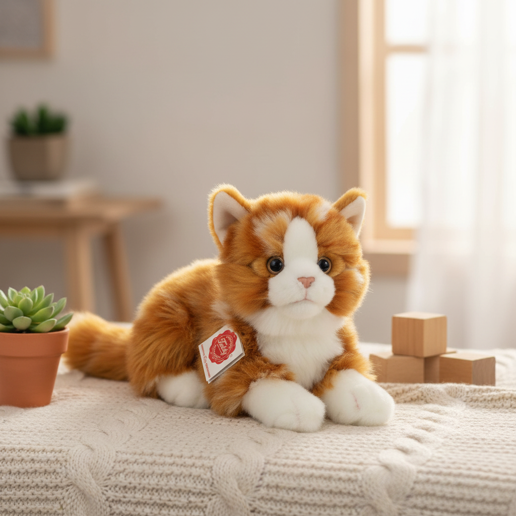 Gatto rosso di peluche sdraiato