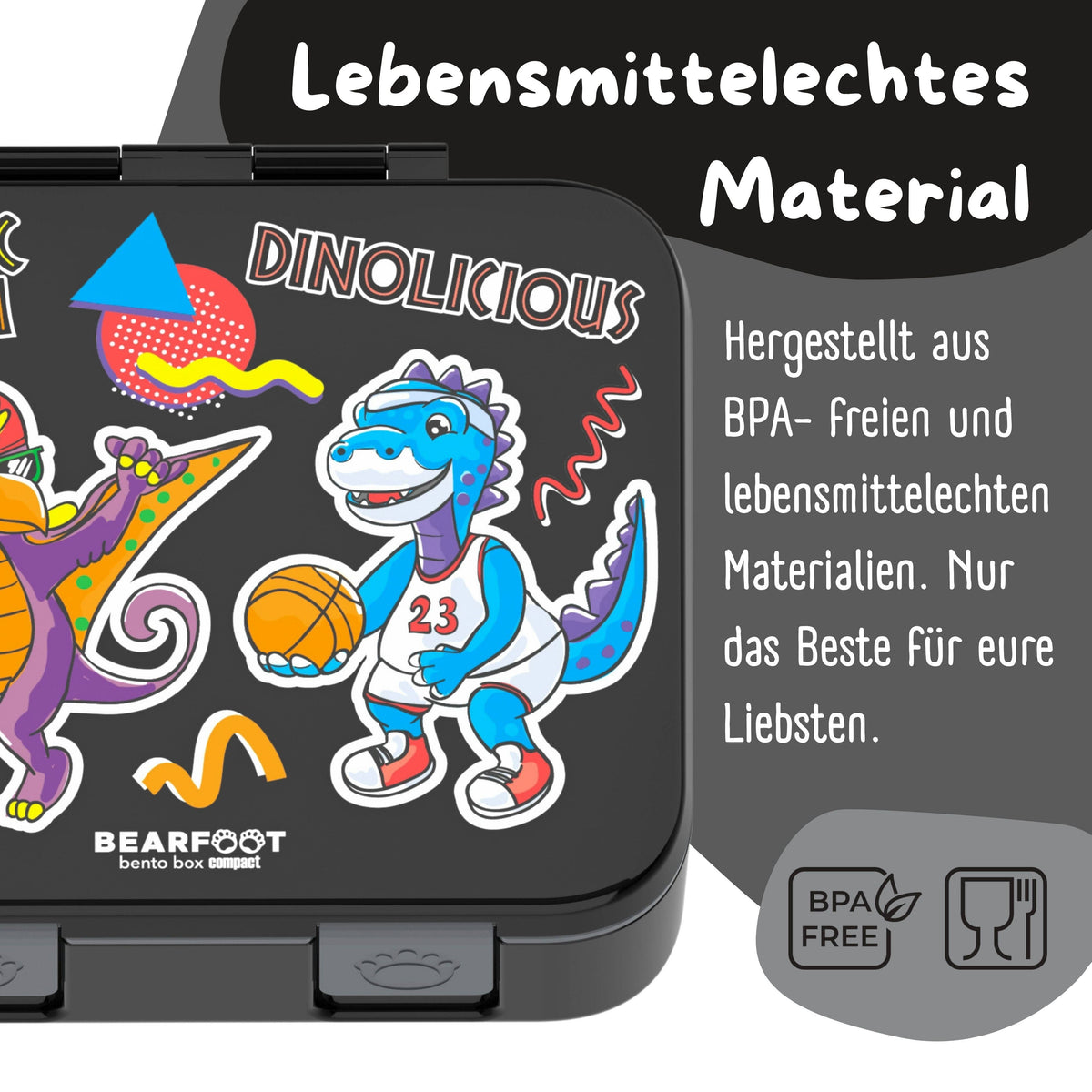 Brotdose mit Fächern, leicht & auslaufsicher - Dinos schwarz