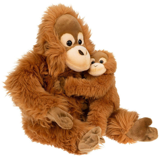 Orangután de peluche con cría, sentado
