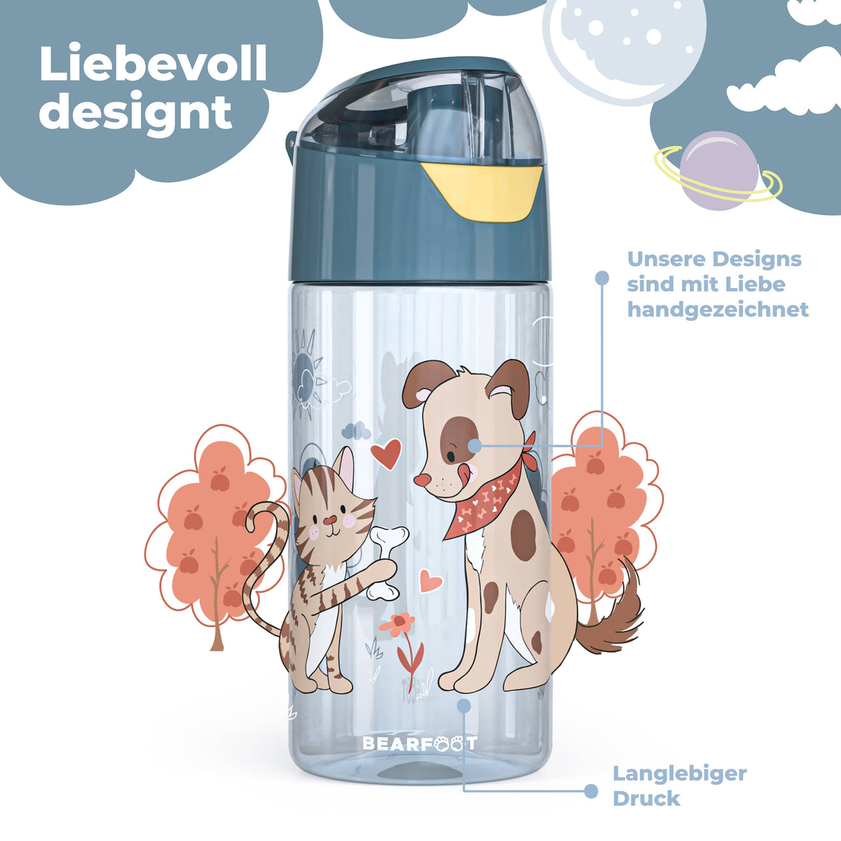 Trinkflasche Kinder leichte Wasserflasche - Hund & Katze blau
