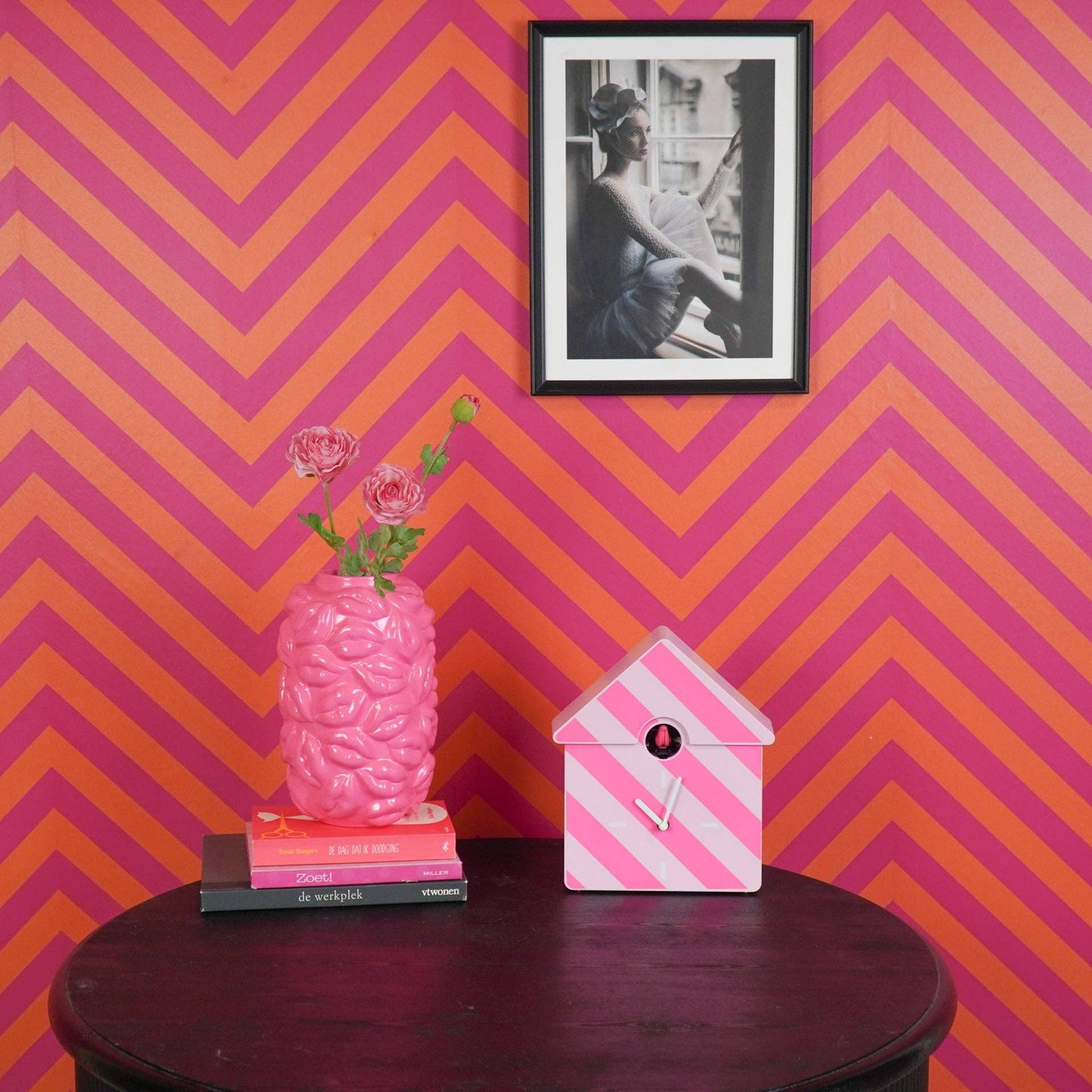 Reloj de pared de cuco - Rayas/Rosa - 24 x 27 x 9 cm