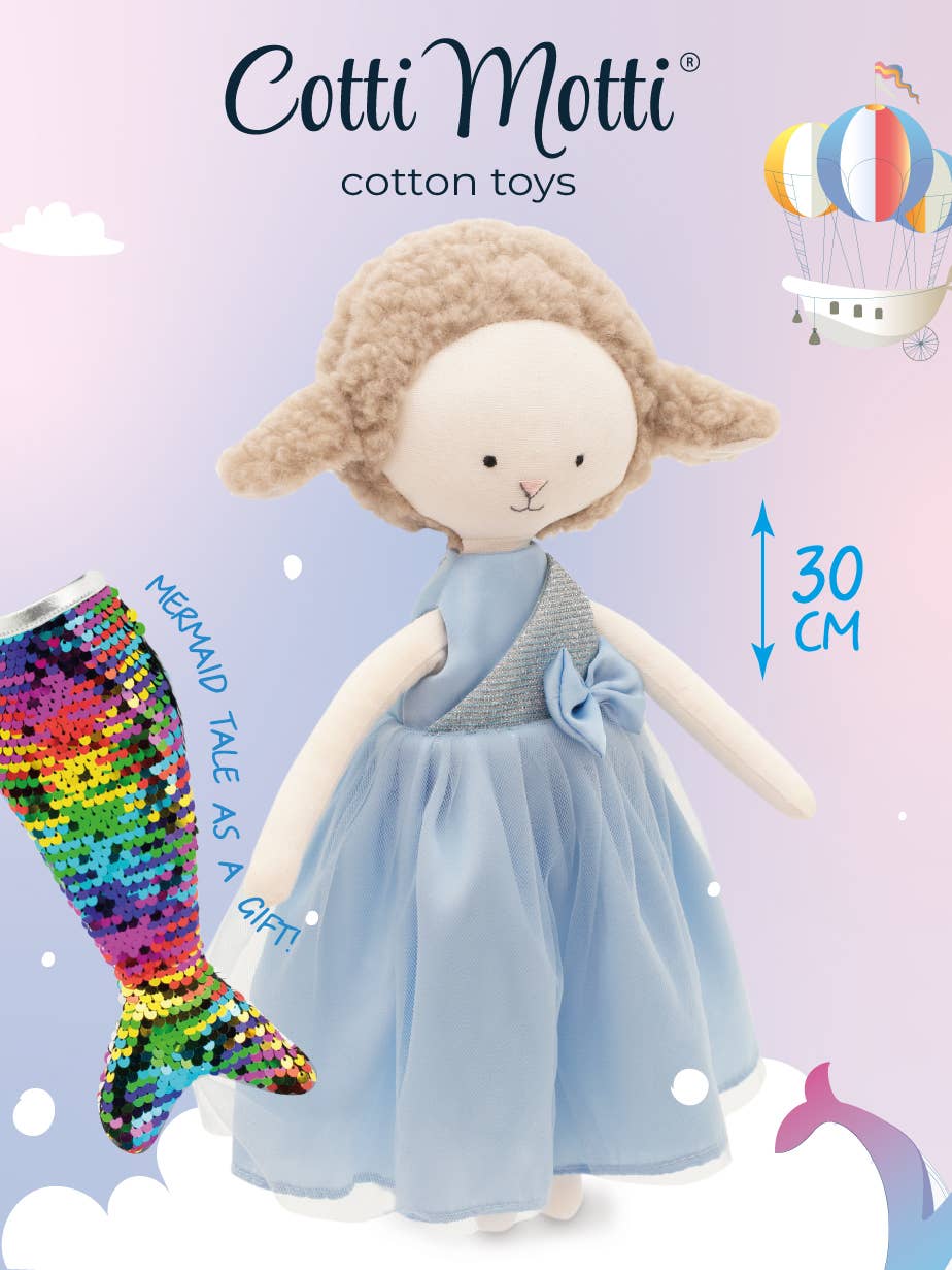 Peluche de la oveja Zoe: Vestido de satén azul, 29 cm, Apto a partir de 0 meses