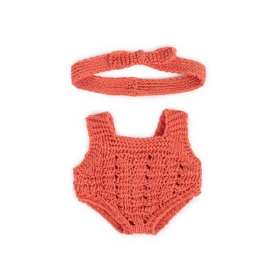 ML Poupées: BARBOTEUSE TRICOTÉ orange pour fille 21cm, éco et recyclé, 2 pièces, avec ruban à cheveux, sur un cintre, 3+