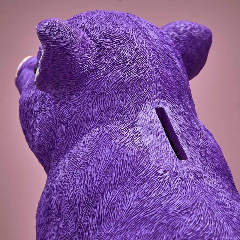Money box, purple poly resin, 24 x 12 x 22.5 cm