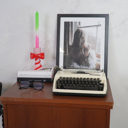 Bougeoir - Rayures avec Nœud - Rose/Rouge - 9x8x14cm