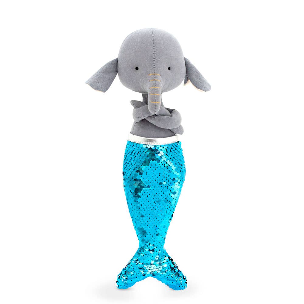 Alice the Elephant plush toy with blue t-shirt outfit and mermaid tail - 29 cm
