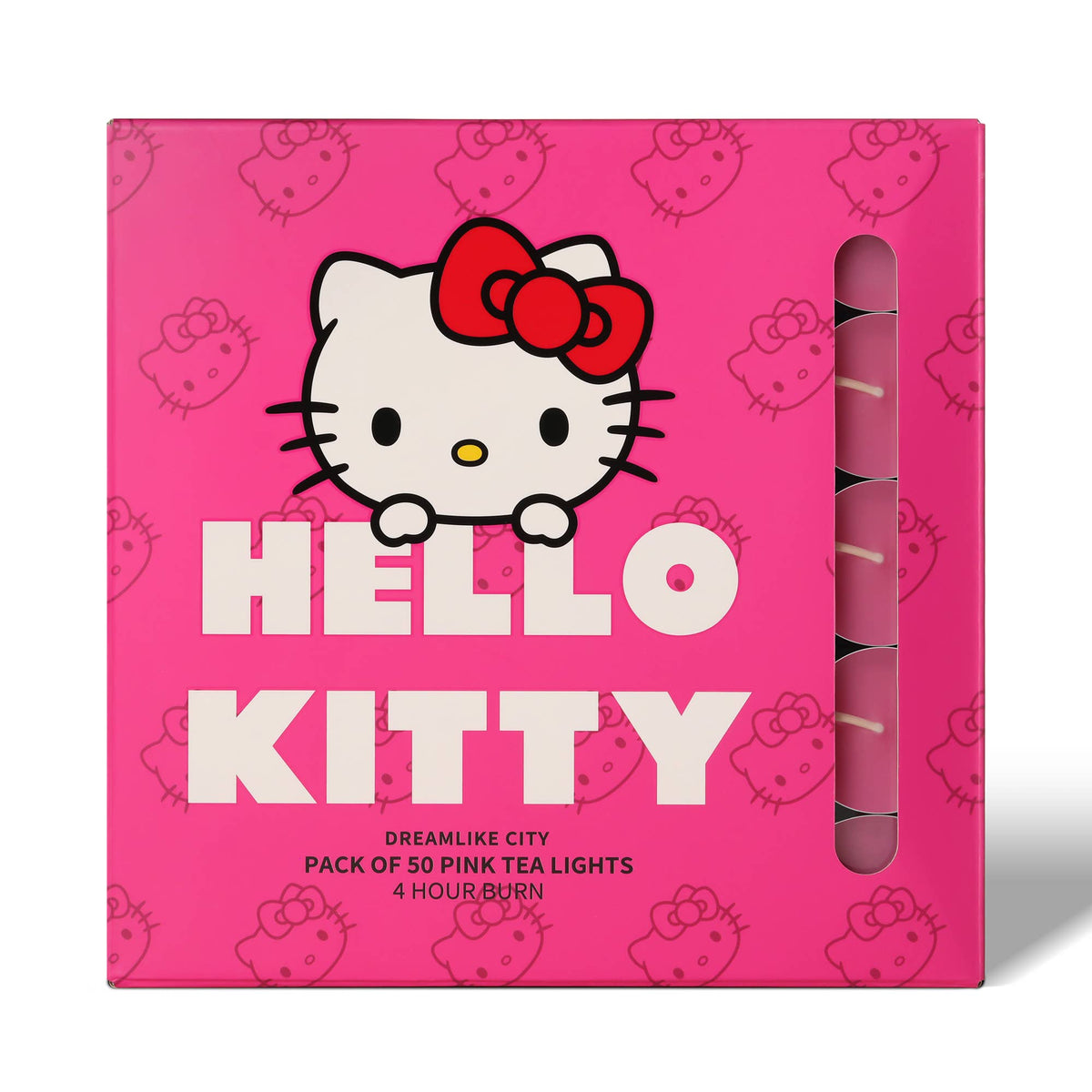 Velas tealight rosa Hello Kitty, embalagem de 50 unidades, fragrância Dream City.