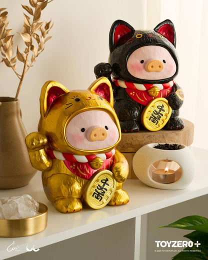 LuLu le Cochonnet - Maneki Lu (chat noir) — sculpture en bois 18cm