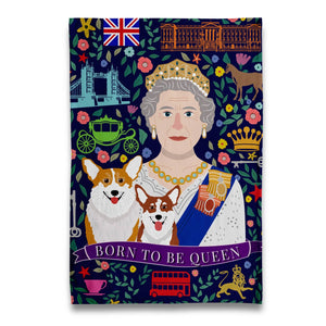 Pano de loiça com estampado de corgi e a frase "Nascer para ser rainha"