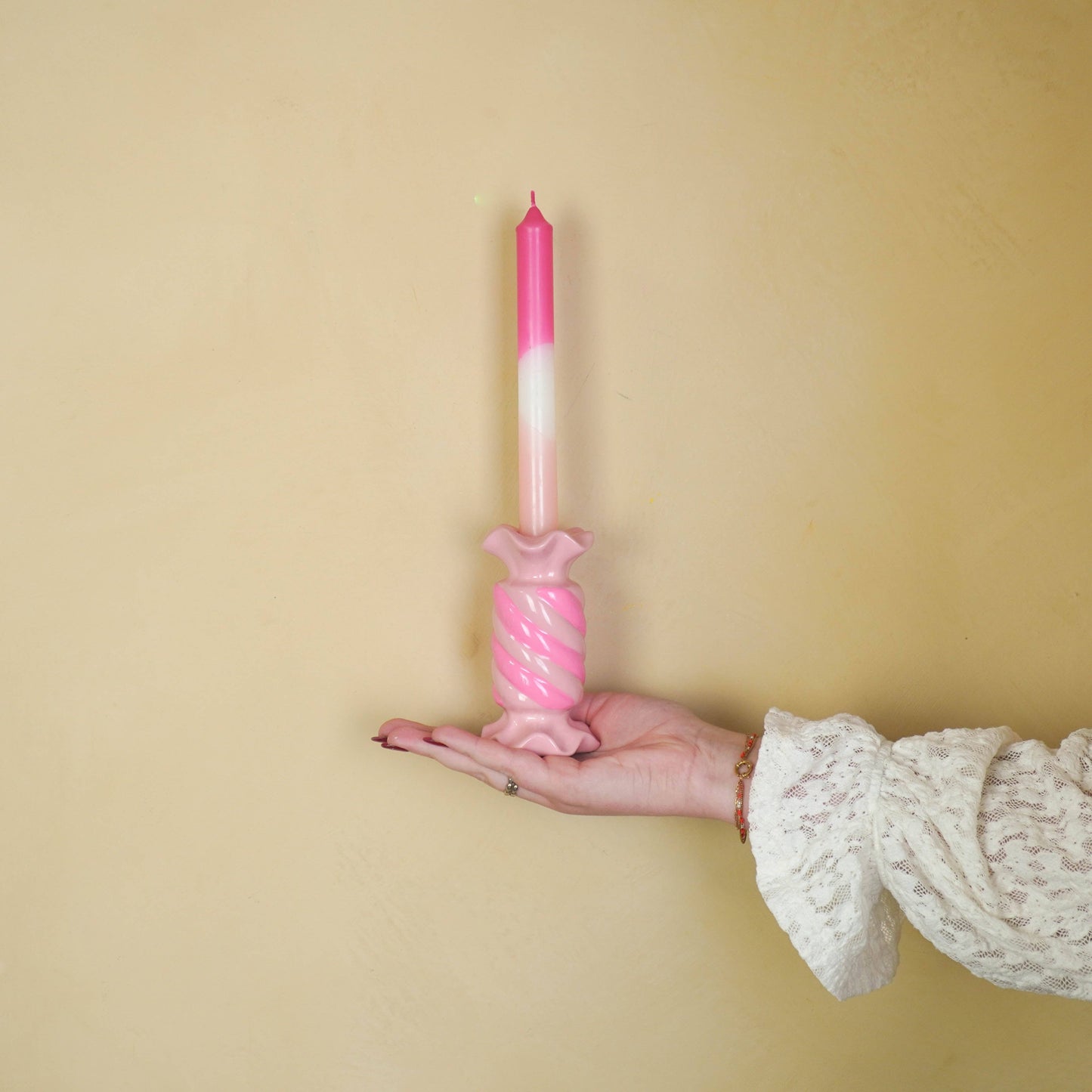 Bougeoir - Bonbon Toffee - Céramique - Rose/ Néon - 7,5x7,5x13 cm