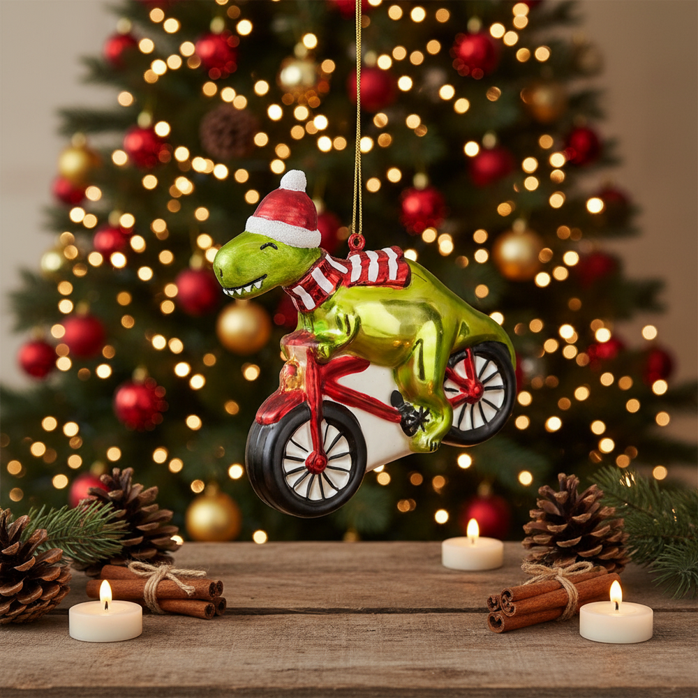 Boule de Noël Dinosaure à Vélo