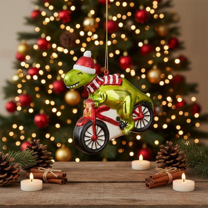 Dinosaur Christmas ball on a bike